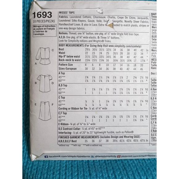 Simplicity 1693 Pattern tshirt sleveless top shirt size 12 14 16 18 20 - Picture 4 of 4